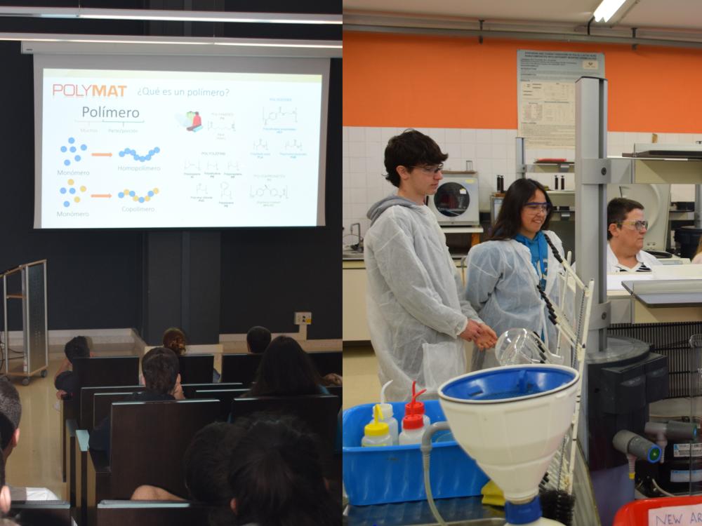 Students in lab coats with POLYMAT materials