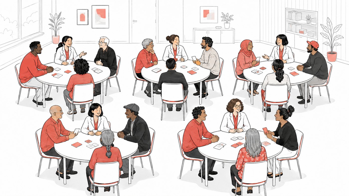 Mahai inguruetan eztabaidatzen ari diren pertsona taldeen ilustrazioa, tailer parte-hartzaile batean