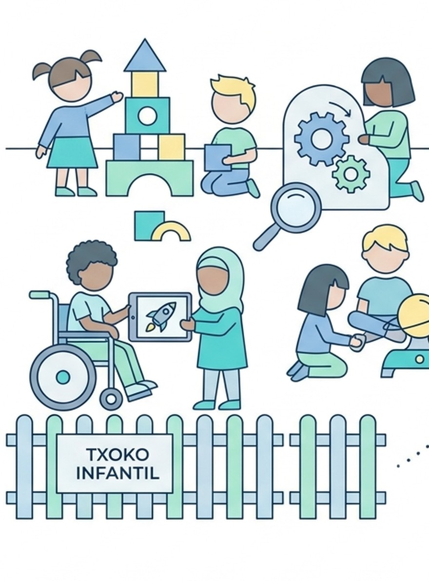 Txoko infantilaren ilustrazioa: neska-mutilak blokeekin, tabletarekin eta jostailuekin jolasten, hesi baten atzean